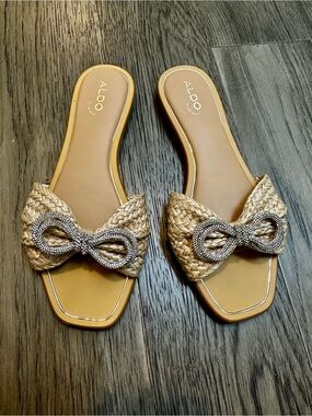 Aldo Tan Woven Slide Mules with Rhinestone Bow Detail